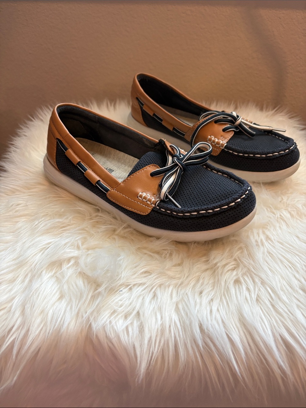 Clarks Navy and Tan Leather Slip-On Loafers